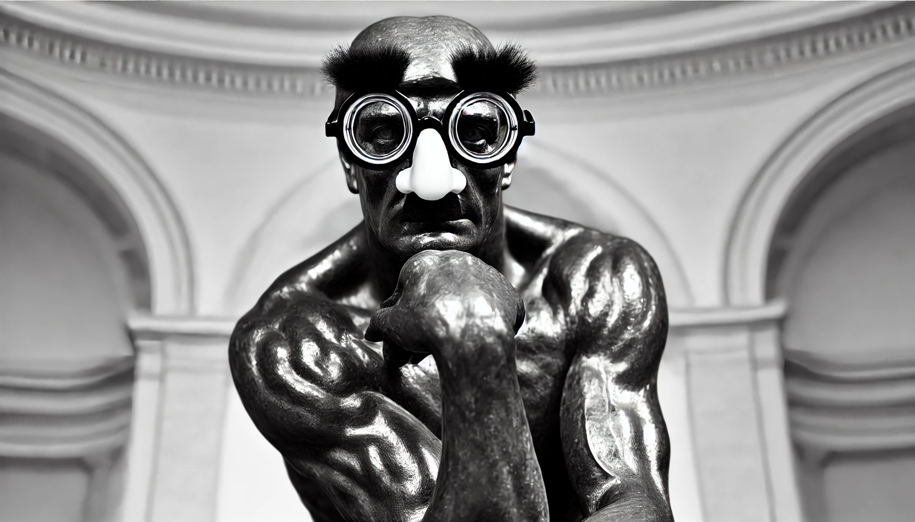 The Thinker statue wearing Groucho Marx glasses, combining classic art with a playful twist.