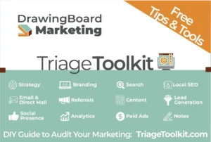 Drawing Board Marketing's Triage Toolkit with icons representing strategy, branding, search, local SEO, email, direct mail, referrals, content, lead generation, social presence, analytics, paid ads, and notes.